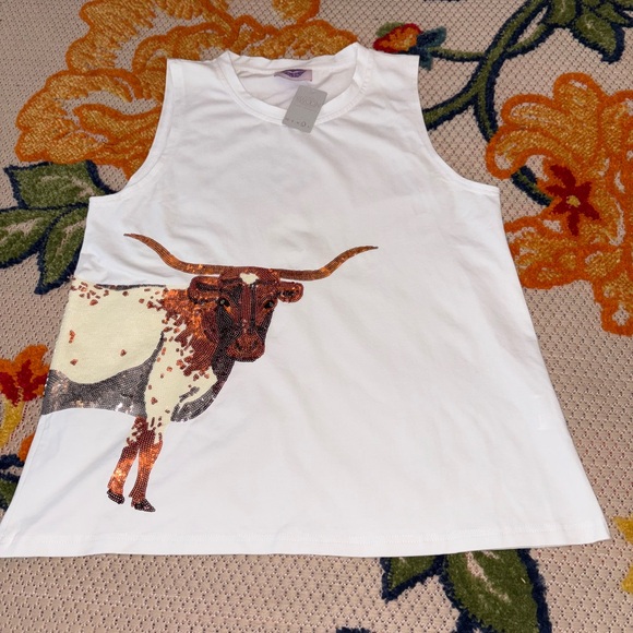 sparkle city Tops - White Tank Top with Brown Bull Graphic